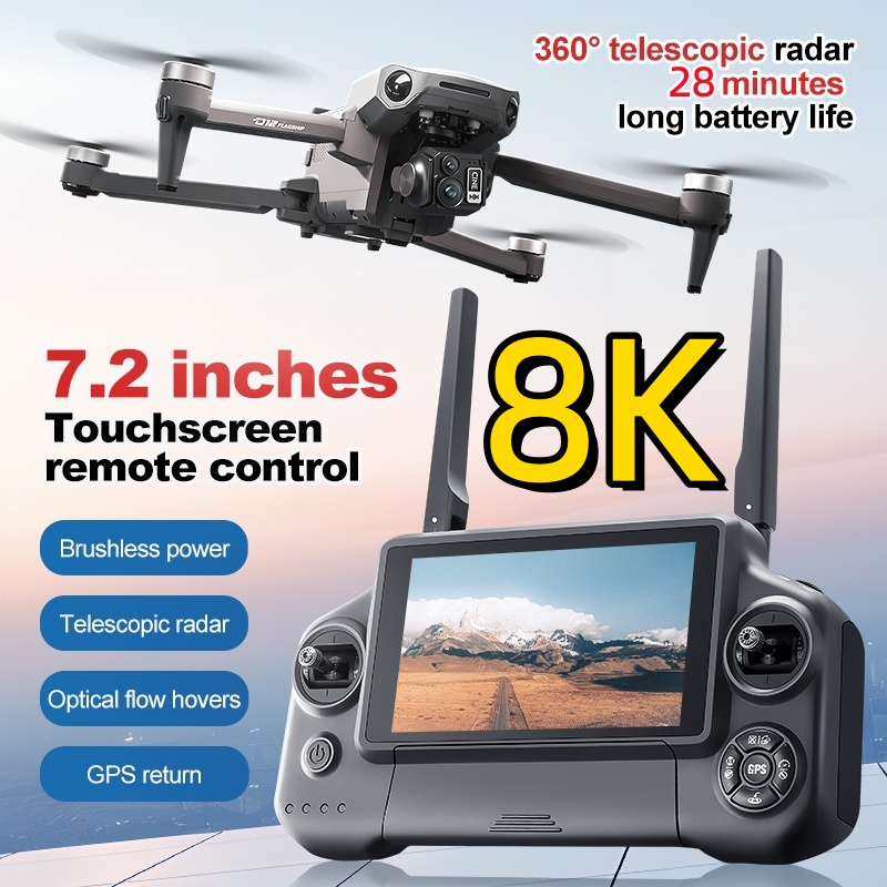 Fpv Brushless Rc Drone 4K - โดรนควอดคอปเตอร์ 8K 3 แกนกันสั่น พร้อมจอสัมผัส 7.2